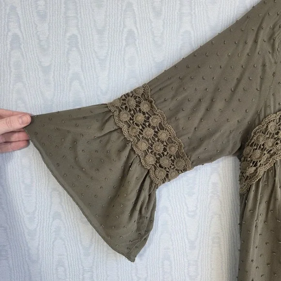 Womens L Peasant Babydoll Top Tunic Crochet Olive Green Cottage Boho Festival‎ - Picture 2 of 10